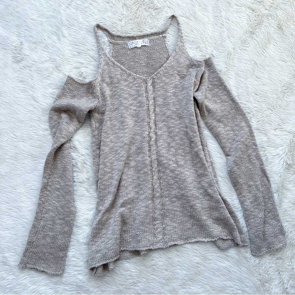 Tan Cold Shoulder Knit Sweater